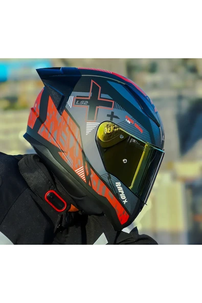 LS2 RAPID 2 RACE XTREET MAT SİYAH-KIRMIZI KAPALI MOTOSİKLET KASKI GOLD CAMLI - 4