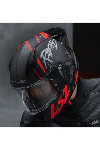 LS2 Rapıd 2 Race Raven Kırmızı Kapalı Motosiklet Kaskı Şeffaf Camlı - 2