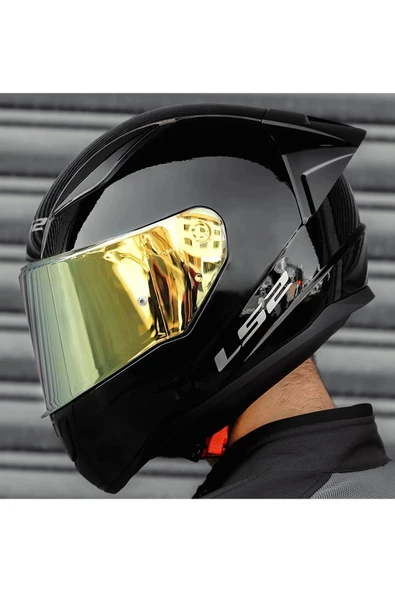 LS2 Rapıd 2 Race Parlak Siyah Full Face Motosiklet Kaskı Gold Camlı