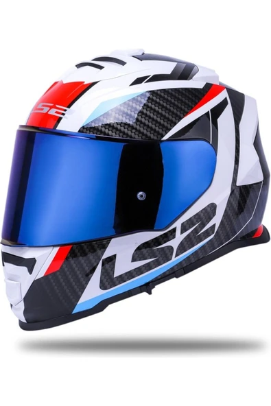 LS2 Storm 2 Racer Beyaz Kapalı Motosiklet Kaskı Mavi Camlı