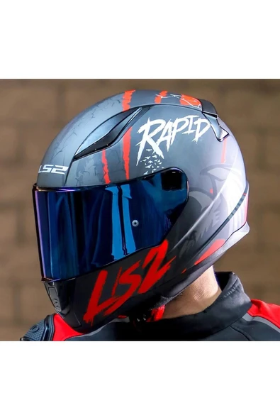 LS2 Rapıd 2 Raven Kırmızı Kapalı Motosiklet Kaskı Mavi Camlı