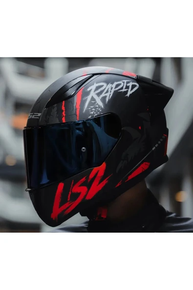 LS2 Rapıd 2 Race Raven Kırmızı Kapalı Motosiklet Kaskı Mavi Camlı - 3