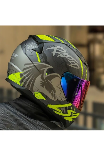 LS2 RAPID 2 RAVEN MAT SİYAH-GRİ-NEON SARI  FULLFACE MOTOSİKLET KASKI GÖKKUŞAĞI CAMLI - 3