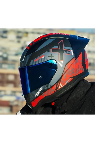 LS2 RAPID 2 RACE XTREET MAT SİYAH-KIRMIZI KAPALI MOTOSİKLET KASKI MAVİ CAMLI
