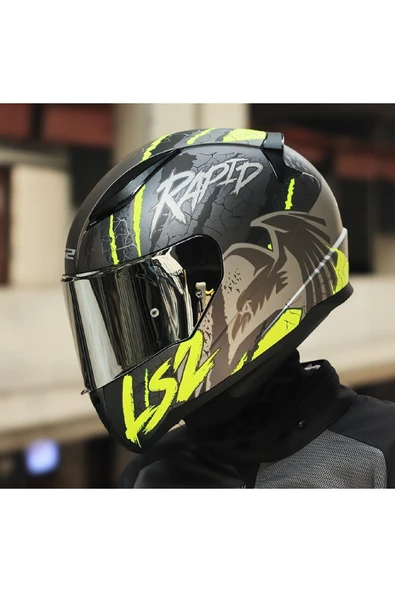 LS2 RAPID 2 RAVEN MAT SİYAH-GRİ-NEON SARI  FULLFACE MOTOSİKLET KASKI GRİ CAMLI
