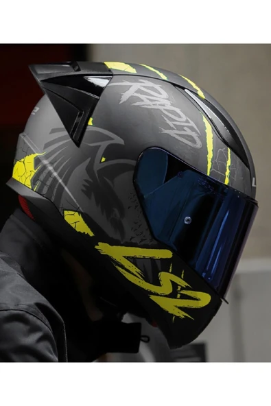LS2 RAPID 2 RACE RAVEN MAT SİYAH-GRİ-NEON SARI FULLFACE MOTOSİKLET KASKI MAVİ CAMLI - 3
