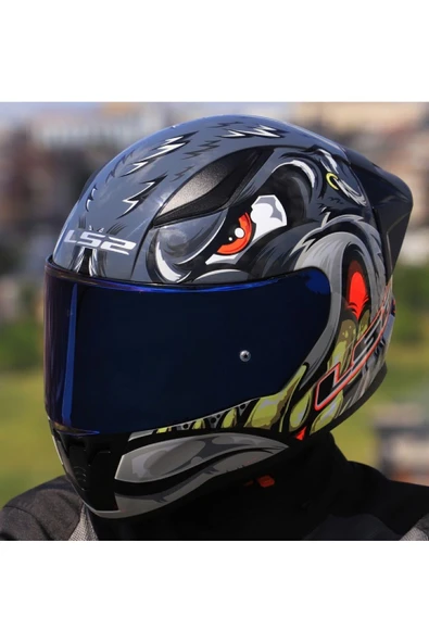 LS2 RAPID 2 RACE SPOX GRİ-KIRMIZI KAPALI MOTOSİKLET KASKI MAVİ CAMLI