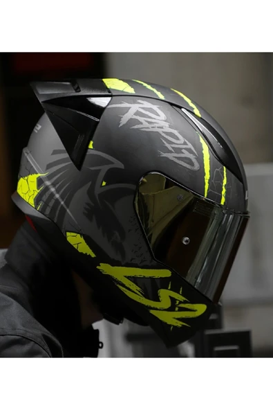LS2 RAPID 2 RACE RAVEN MAT SİYAH-GRİ-NEON SARI FULLFACE MOTOSİKLET KASKI GOLD CAMLI - 4