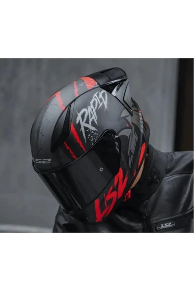LS2 Rapıd 2 Race Raven Mat Siyah-Kırmızı Kapalı Motosiklet Kaskı Siyah Camlı