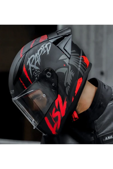LS2 Rapıd 2 Race Raven Kırmızı Kapalı Motosiklet Kaskı Şeffaf Camlı - 5