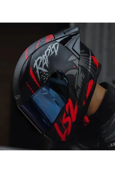 LS2 Rapıd 2 Race Raven Kırmızı Kapalı Motosiklet Kaskı Mavi Camlı - 2