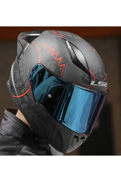 LS2 Rapıd 2 Race Takaroa Mat Siyah-Kırmızı Fullface Motosiklet Kaskı Mavi Camlı - 4