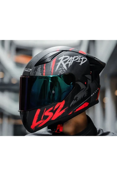 LS2 Rapıd 2 Race Raven Mat Siyah-Kırmızı Kapalı Motosiklet Kaskı Gökkuşağı Camlı - 2