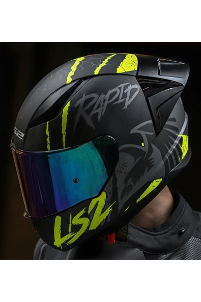 LS2 RAPID 2 RACE RAVEN MAT SİYAH-GRİ-NEON SARI FULLFACE MOTOSİKLET KASKI GÖKKUŞAĞI CAMLI