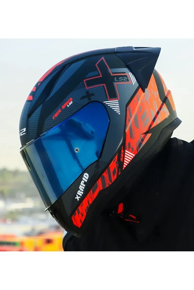 LS2 RAPID 2 RACE XTREET MAT SİYAH-KIRMIZI KAPALI MOTOSİKLET KASKI MAVİ CAMLI - 4