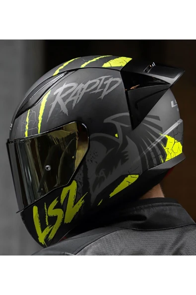 LS2 RAPID 2 RACE RAVEN MAT SİYAH-GRİ-NEON SARI FULLFACE MOTOSİKLET KASKI GOLD CAMLI - 3