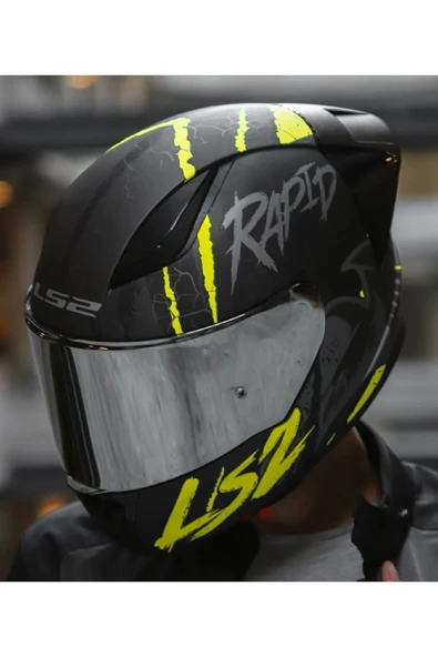 LS2 RAPID 2 RACE RAVEN MAT SİYAH-GRİ-NEON SARI FULLFACE MOTOSİKLET KASKI GRİ CAMLI