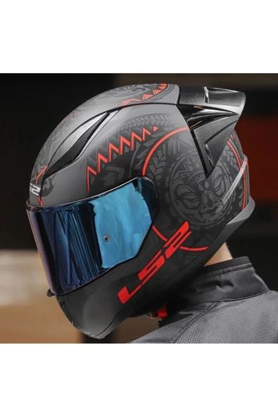 LS2 Rapıd 2 Race Takaroa Mat Siyah-Kırmızı Fullface Motosiklet Kaskı Mavi Camlı