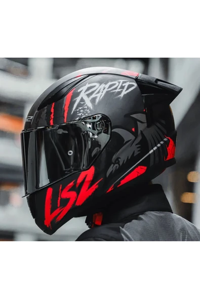 LS2 Rapıd 2 Race Raven Kırmızı Kapalı Motosiklet Kaskı Gri Camlı - 2