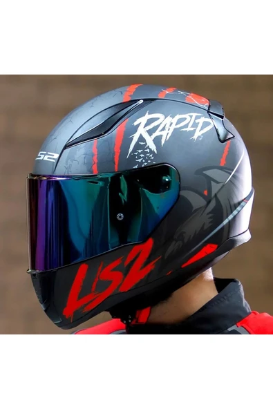 LS2 Rapıd 2 Raven Kırmızı Kapalı Motosiklet Kaskı Gökkuşağı Camlı