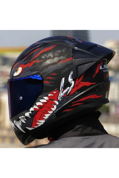 LS2 Rapıd 2 Race Kaıju Mat Siyah-Kırmızı Fullface Motosiklet Kaskı Mavi Camlı - 3