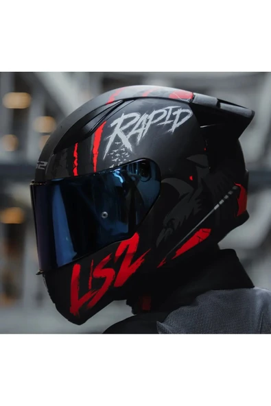 LS2 Rapıd 2 Race Raven Kırmızı Kapalı Motosiklet Kaskı Mavi Camlı - 5