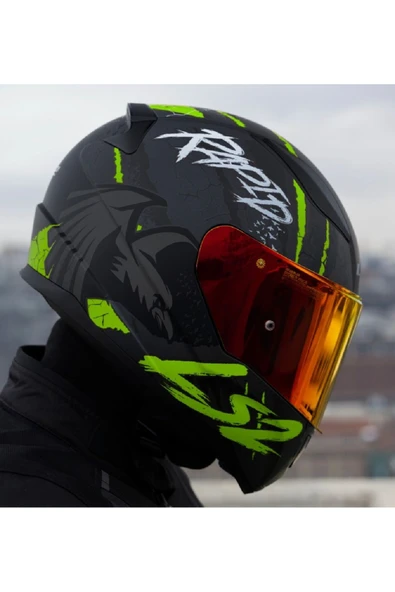 LS2 RAPID 2 RAVEN MAT SİYAH-GRİ-NEON SARI KAPALI MOTOSİKLET KASKI KIRMIZI CAMLI - 5