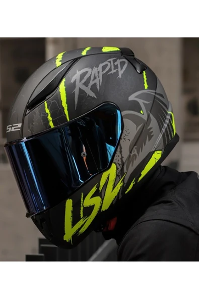 LS2 RAPID 2 RAVEN MAT SİYAH-GRİ-NEON SARI  FULLFACE MOTOSİKLET KASKI MAVİ CAMLI