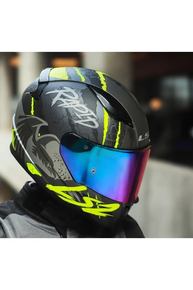 LS2 RAPID 2 RAVEN MAT SİYAH-GRİ-NEON SARI  FULLFACE MOTOSİKLET KASKI GÖKKUŞAĞI CAMLI - 2