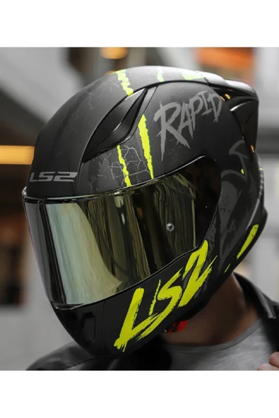LS2 RAPID 2 RACE RAVEN MAT SİYAH-GRİ-NEON SARI FULLFACE MOTOSİKLET KASKI GOLD CAMLI