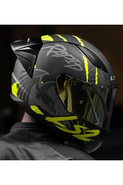 LS2 RAPID 2 RACE RAVEN MAT SİYAH-GRİ-NEON SARI FULLFACE MOTOSİKLET KASKI GOLD CAMLI - 2