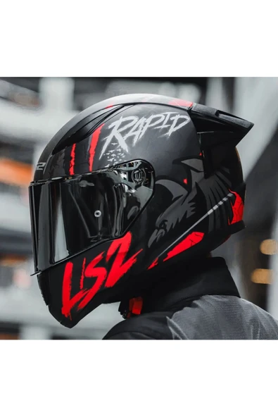 LS2 Rapıd 2 Race Raven Kırmızı Kapalı Motosiklet Kaskı Gri Camlı - 3