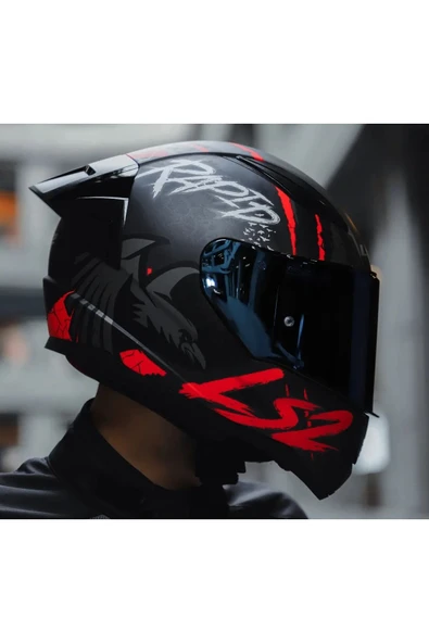 LS2 Rapıd 2 Race Raven Kırmızı Kapalı Motosiklet Kaskı Mavi Camlı - 4