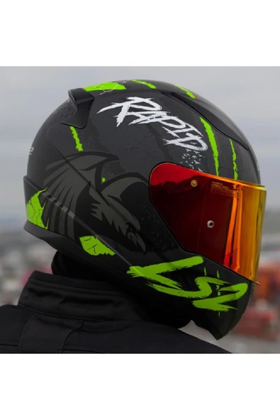 LS2 RAPID 2 RAVEN MAT SİYAH-GRİ-NEON SARI KAPALI MOTOSİKLET KASKI KIRMIZI CAMLI - 2