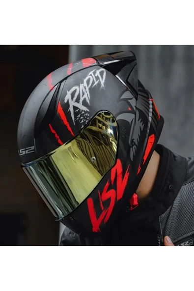 LS2 Rapıd 2 Race Raven Kırmızı Kapalı Motosiklet Kaskı Gold Camlı - 3