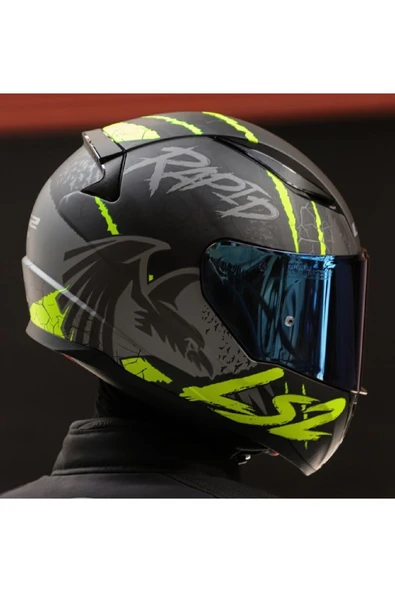 LS2 RAPID 2 RAVEN MAT SİYAH-GRİ-NEON SARI  FULLFACE MOTOSİKLET KASKI MAVİ CAMLI - 5