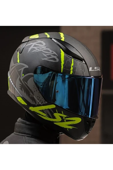 LS2 RAPID 2 RAVEN MAT SİYAH-GRİ-NEON SARI  FULLFACE MOTOSİKLET KASKI MAVİ CAMLI - 3