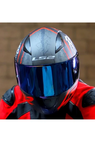 LS2 Rapıd 2 Race Raven Kırmızı Kapalı Motosiklet Kaskı Mavi Camlı - 6