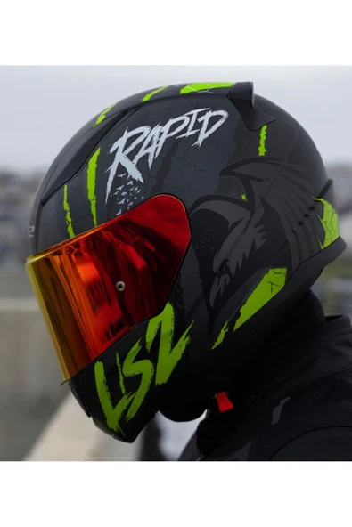 LS2 RAPID 2 RAVEN MAT SİYAH-GRİ-NEON SARI KAPALI MOTOSİKLET KASKI KIRMIZI CAMLI