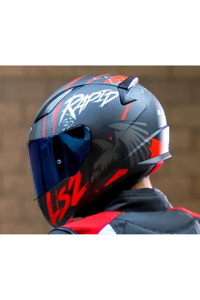 LS2 Rapıd 2 Raven Kırmızı Kapalı Motosiklet Kaskı Mavi Camlı - 4