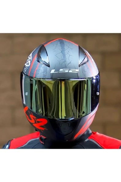 LS2 Rapıd 2 Race Raven Kırmızı Kapalı Motosiklet Kaskı Gold Camlı - 2