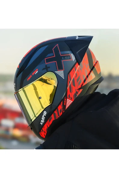 LS2 RAPID 2 RACE XTREET MAT SİYAH-KIRMIZI KAPALI MOTOSİKLET KASKI GOLD CAMLI