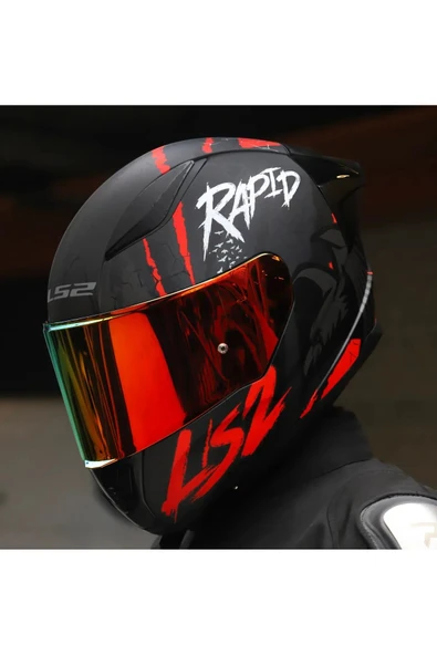 LS2 Rapıd 2 Race Raven Kırmızı Kapalı Motosiklet Kaskı Kırmızı Camlı