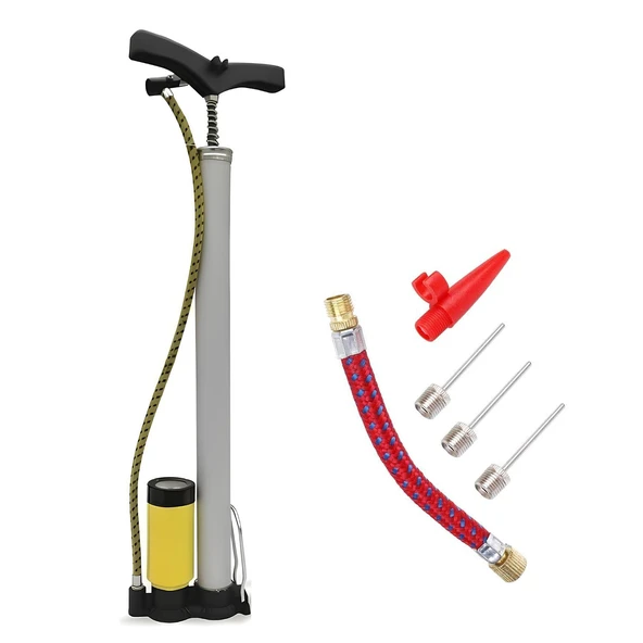 Metal El Tipi Göstergeli Bisiklet Pompası ve Pompa Ucu Seti Ayak Tutamaklı Top Teker Şambrel Şişirme - 6