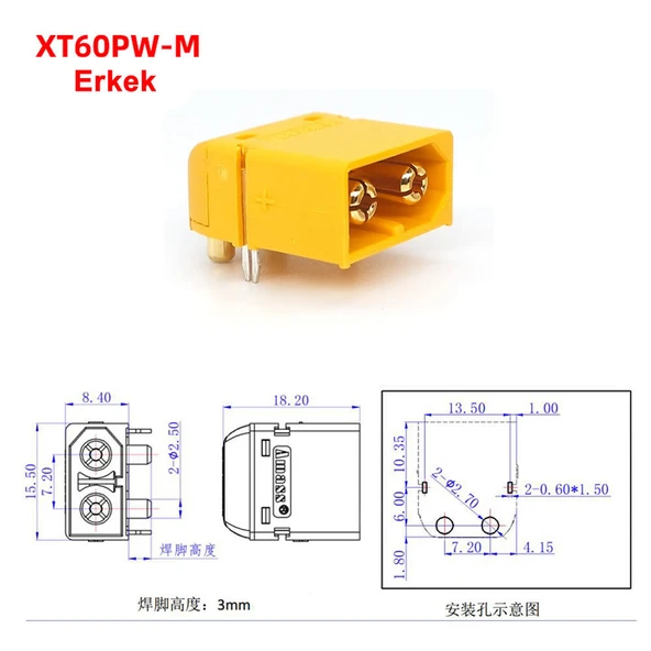 XT60PW Erkek Dişi Konnektör Soket Çift  Pcb Tip Lehimlenebilir Lityum LiPo Pil Akü Batarya Bağlantı Konnektörü RC Esc Motor Drone Model Uçak Bot Quadcopter Multicopter - 7