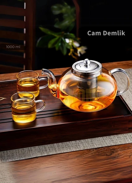 Cam Demlik Borasilikat Demlik Çelik Süzgeçli Çay Demliği Isıya Dayanıklı Bitki Çayı Demlik 1000 ml