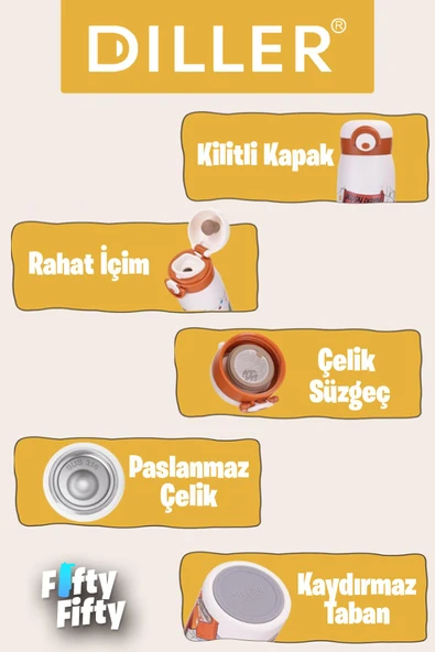 DILLER 500 ML Rahat İçim Paslanmaz Çelik Termos Kilitli Kapak Çelik Süzgeçli -FFDILLERD9214 - 3
