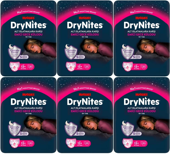 Drynites Emici Gece Külodu/Külot Bez Kız 13+ Yaş (48-60KG) X Large 120 Adet Mega Pk (6PK*20)