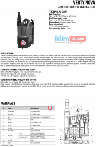 Dab Verty Nova 400 M - 400 Watt Gizli Flatörlü Sıfırdan Emişli Dalgıç Pompa - 1¼' - 5