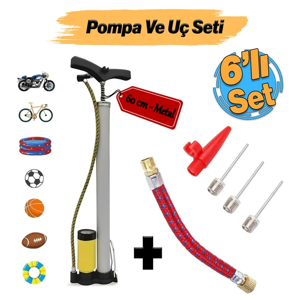 Metal El Tipi Göstergeli Bisiklet Pompası ve Pompa Ucu Seti Ayak Tutamaklı Top Teker Şambrel Şişirme